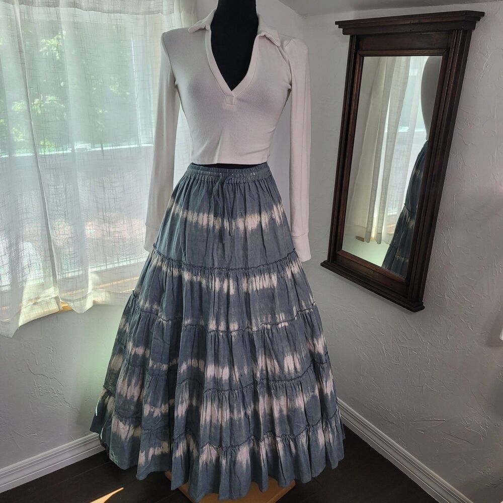 Sole S/M Tiered Linen Cotton Skirt Blue Tie Dye Elastic Waist+ Free Crop Shirt